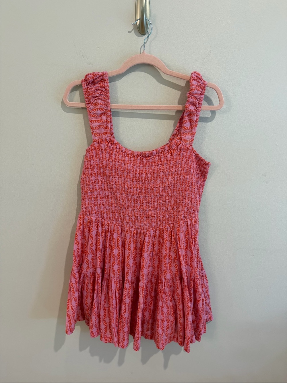 Free People Coral Pink Smocked Tiered Mini Dress